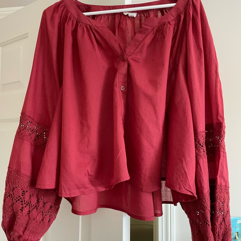 Aerie Brick Red Blouse with Lace Sleeves Large